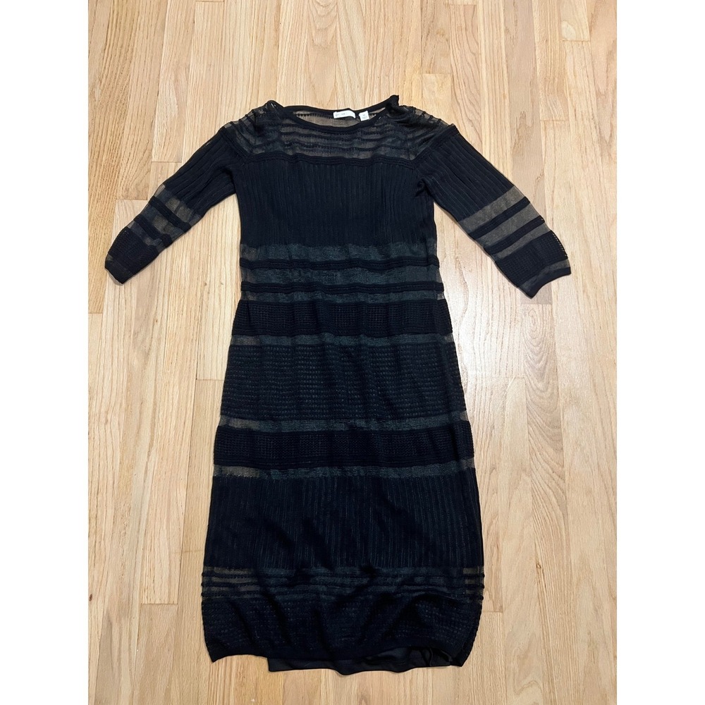 C. EST. 1946 Womens Black Knit Sheer Striped 3/4 Sleeve Sheath Midi Dress Size M